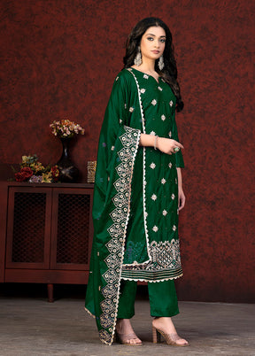 3 Pc Green Semi Stitched Chanderi Suit Set - Indian Silk House Agencies