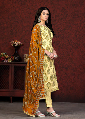 3 Pc Yellow Semi Stitched Chanderi Suit Set - Indian Silk House Agencies