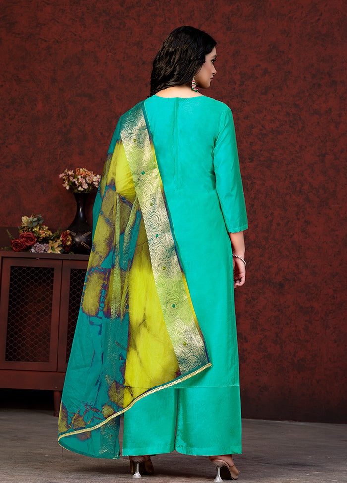 3 Pc Sea Green Semi Stitched Chanderi Suit Set - Indian Silk House Agencies