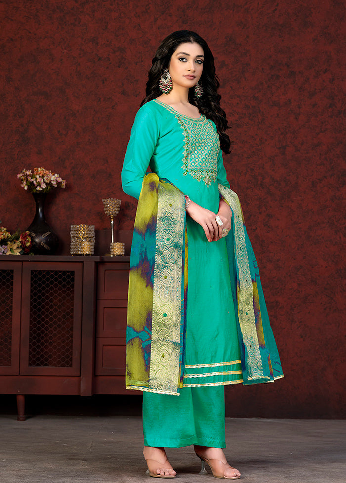 3 Pc Sea Green Semi Stitched Chanderi Suit Set - Indian Silk House Agencies