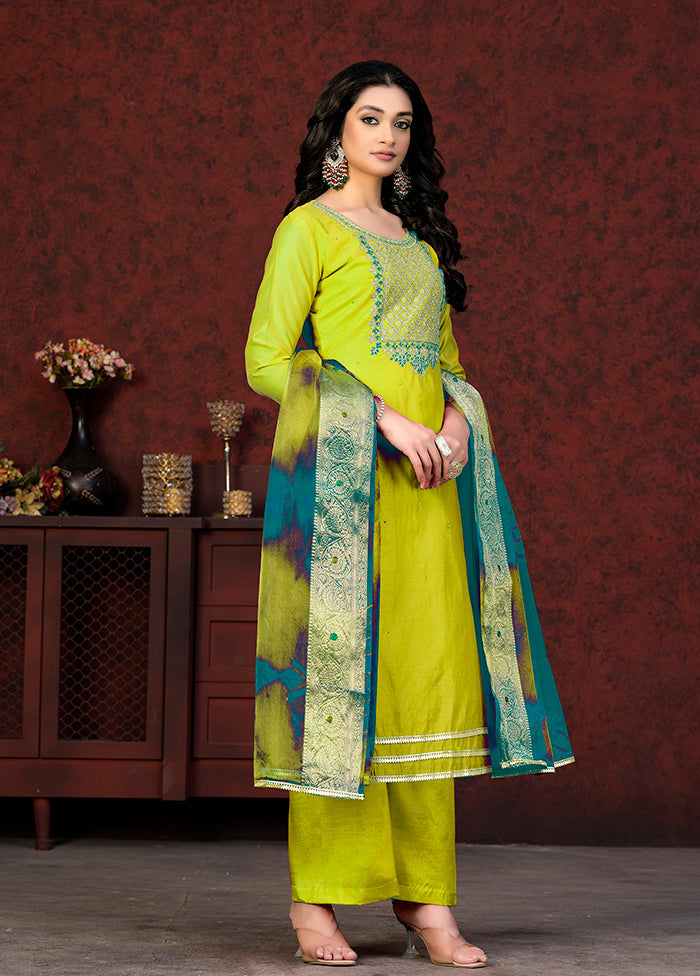 3 Pc Green Semi Stitched Chanderi Suit Set - Indian Silk House Agencies