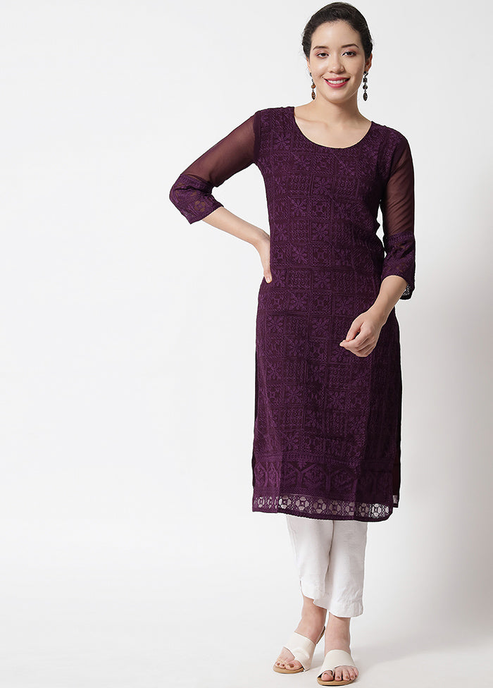 Wine Readymade Georgette Chikankari Kurti - Indian Silk House Agencies