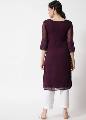 Wine Readymade Georgette Chikankari Kurti - Indian Silk House Agencies