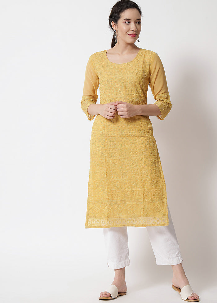 Yellow Readymade Georgette Chikankari Kurti - Indian Silk House Agencies