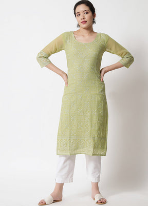 Pista Green Readymade Georgette Chikankari Kurti - Indian Silk House Agencies