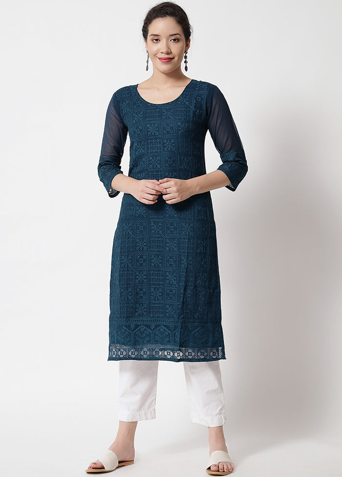 Teal Blue Readymade Georgette Chikankari Kurti - Indian Silk House Agencies