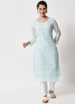 Sky Blue Readymade Georgette Chikankari Kurti - Indian Silk House Agencies