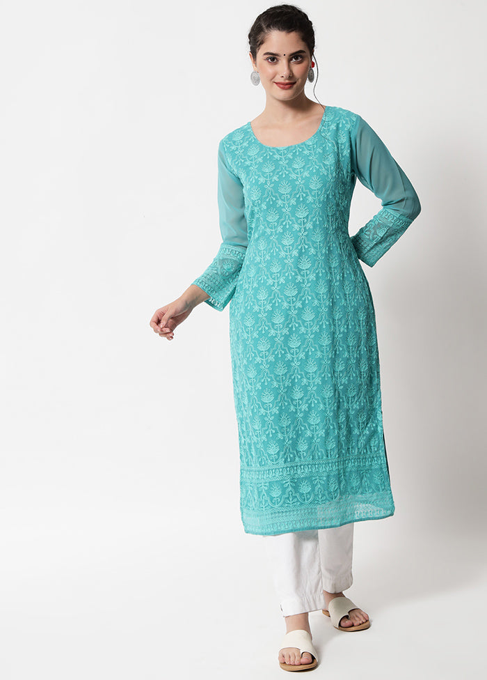 Sea Green Readymade Georgette Chikankari Kurti - Indian Silk House Agencies