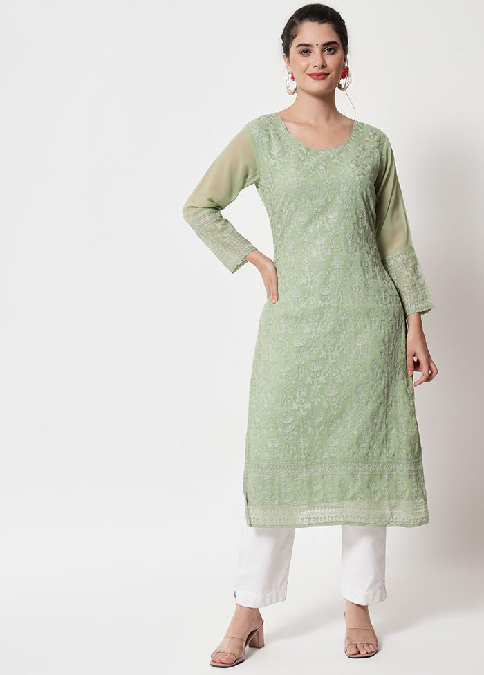 Pista Green Readymade Georgette Chikankari Kurti - Indian Silk House Agencies