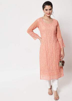 Peach Readymade Georgette Chikankari Kurti - Indian Silk House Agencies