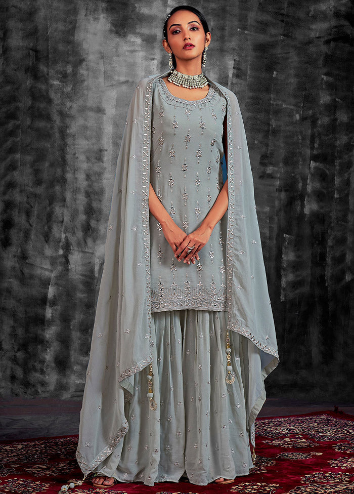 3 Pc Grey Readymade Georgette Suit Set - Indian Silk House Agencies