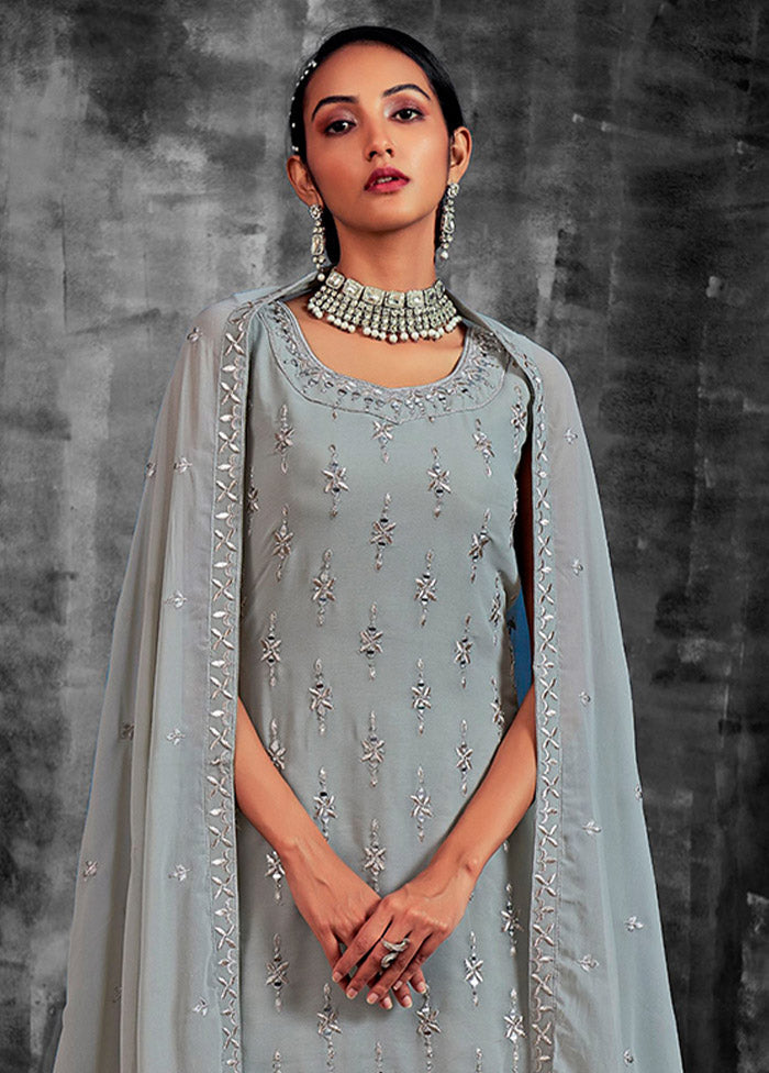 3 Pc Grey Readymade Georgette Suit Set - Indian Silk House Agencies