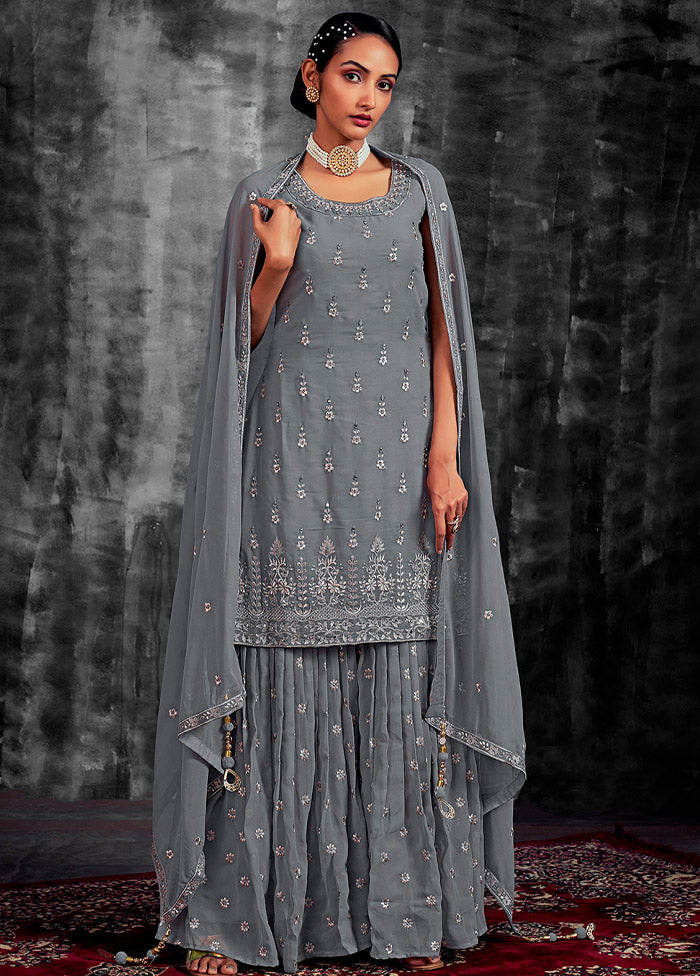 3 Pc Grey Readymade Georgette Suit Set - Indian Silk House Agencies