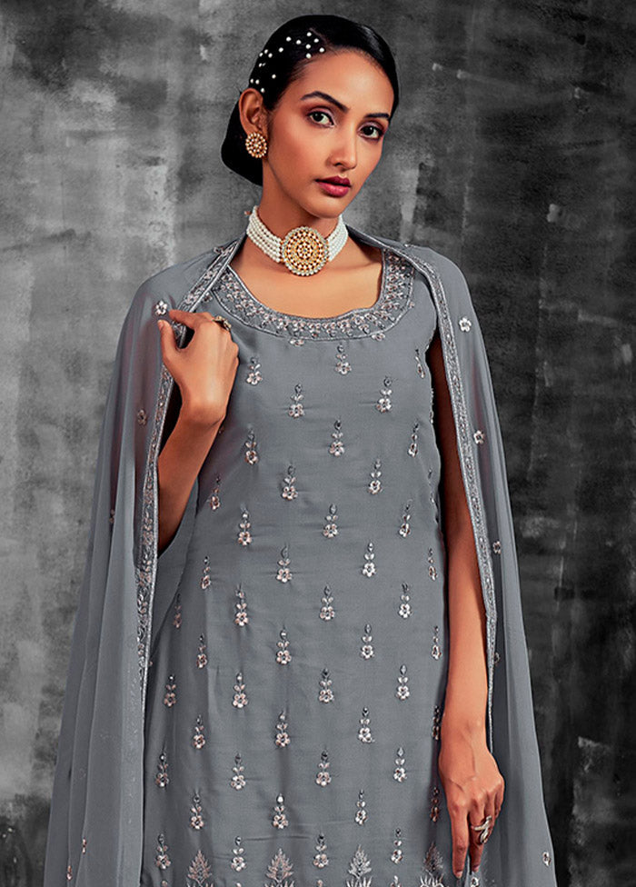 3 Pc Grey Readymade Georgette Suit Set - Indian Silk House Agencies