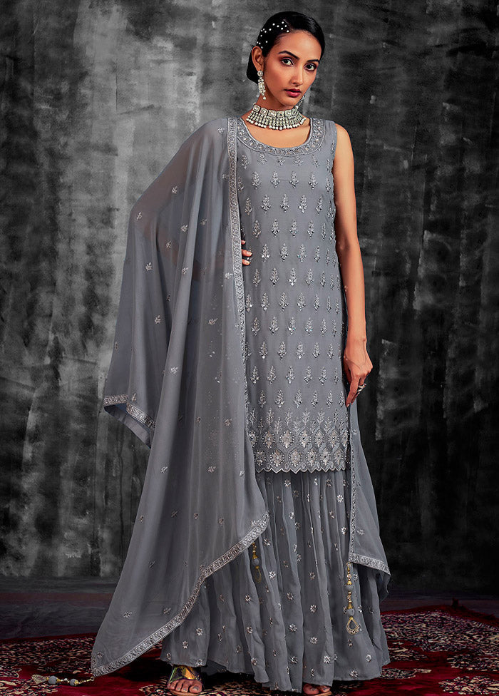 3 Pc Grey Readymade Georgette Suit Set - Indian Silk House Agencies