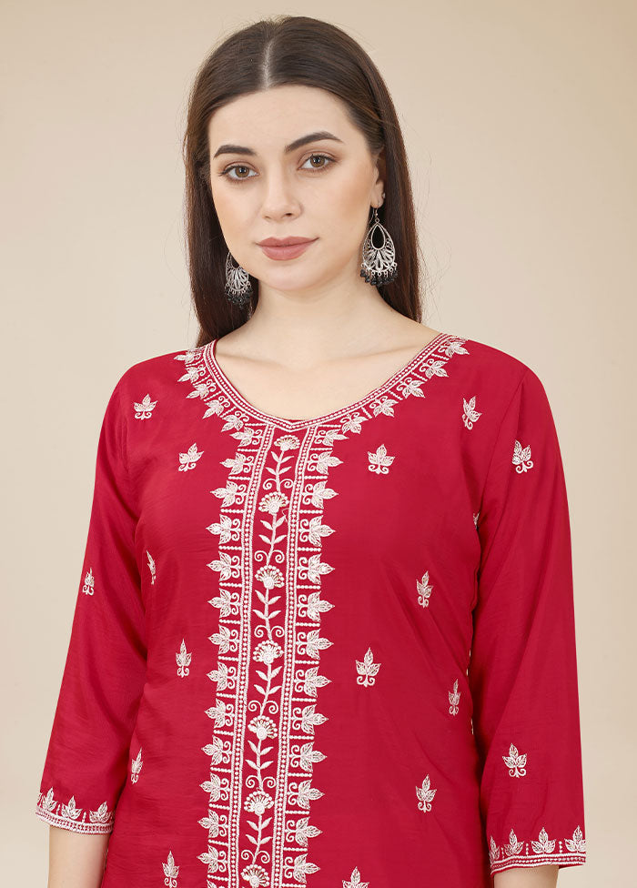 Maroon Readymade Silk Chikankari Kurti