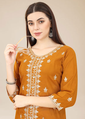Mustard Readymade Silk Chikankari Kurti