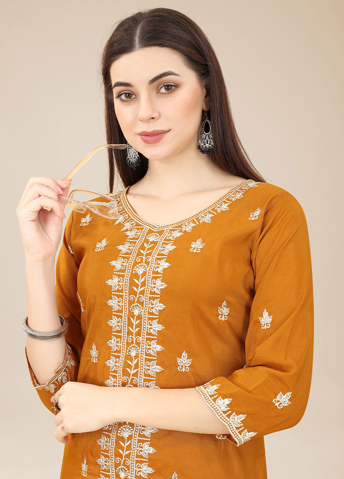 Mustard Readymade Silk Chikankari Kurti