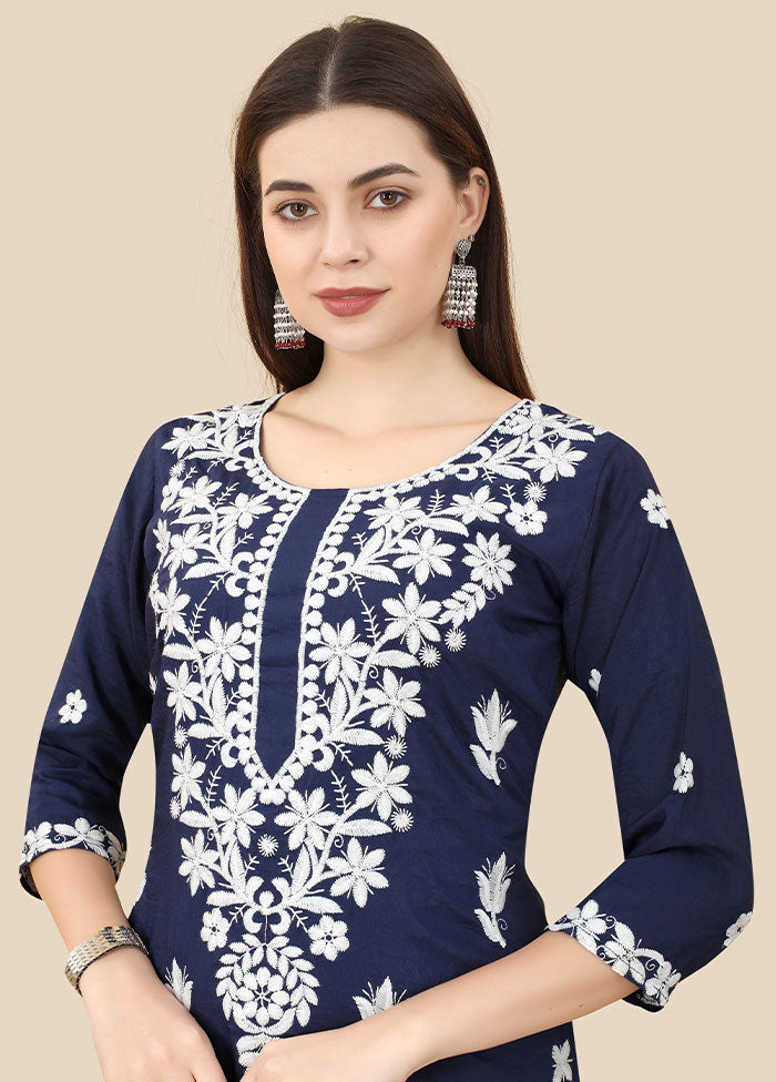 Blue Readymade Silk Chikankari Kurti