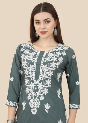 Grey Readymade Silk Chikankari Kurti