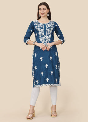 Blue Readymade Silk Chikankari Kurti