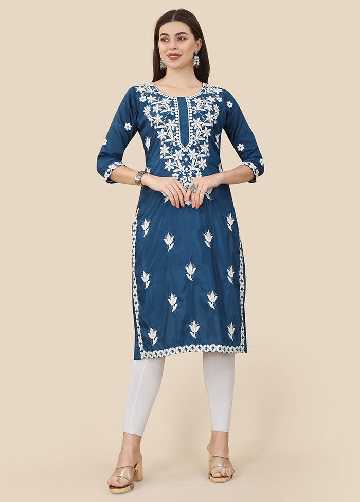 Blue Readymade Silk Chikankari Kurti