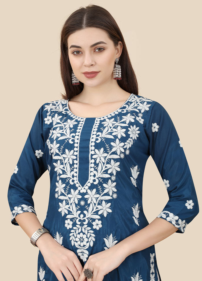 Blue Readymade Silk Chikankari Kurti