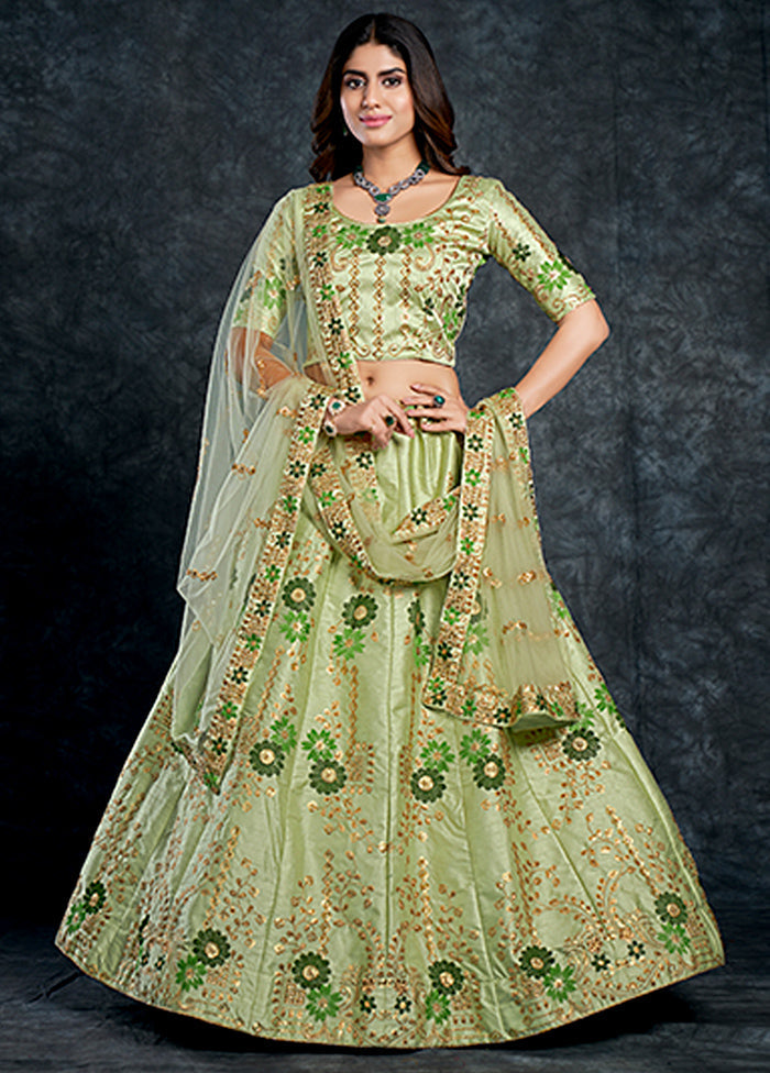 3 Pc Pista Green Silk Semi Stitched Lehenga Set - Indian Silk House Agencies