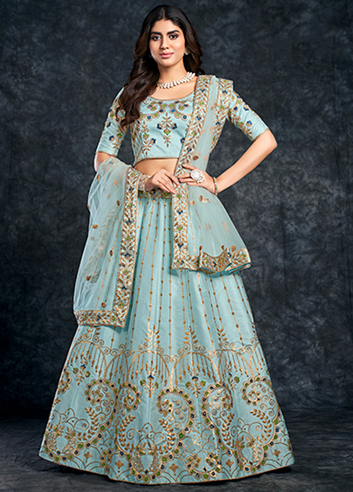 3 Pc Sky Blue Silk Semi Stitched Lehenga Set - Indian Silk House Agencies