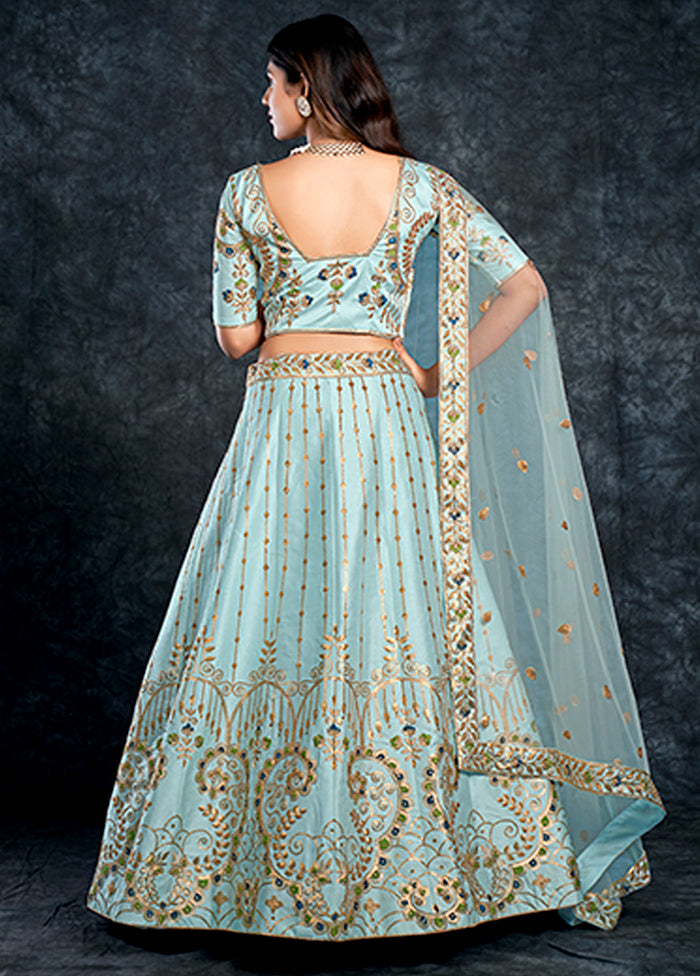 3 Pc Sky Blue Silk Semi Stitched Lehenga Set - Indian Silk House Agencies