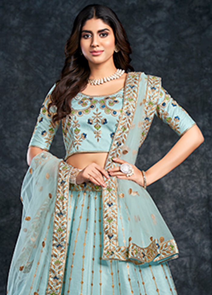 3 Pc Sky Blue Silk Semi Stitched Lehenga Set - Indian Silk House Agencies