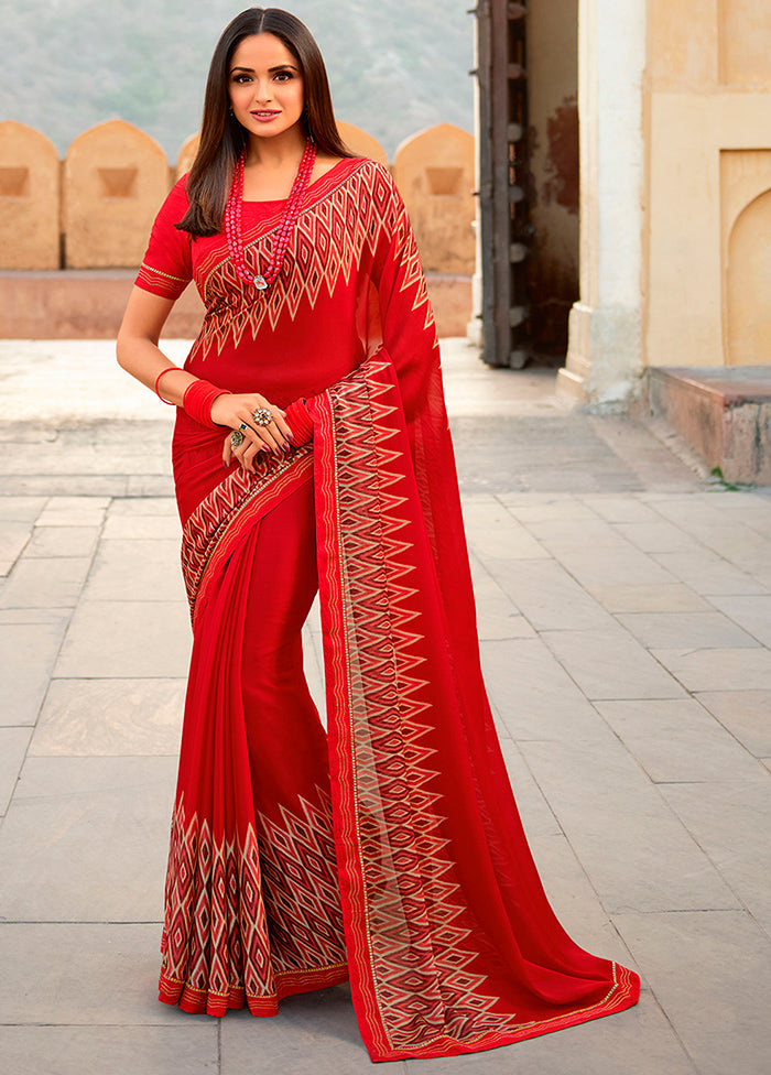 Red Spun Silk Saree With Blouse Piece - Indian Silk House Agencies