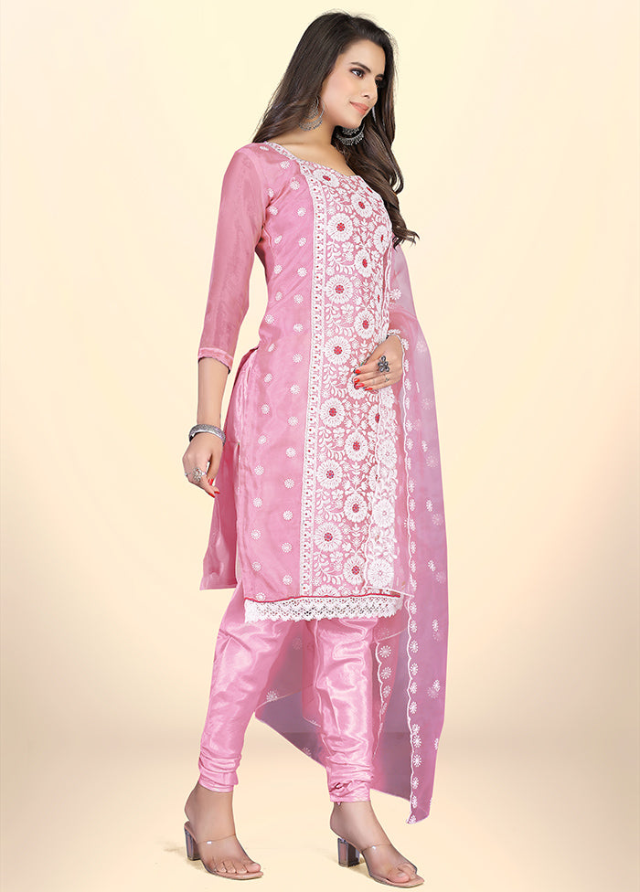 3 Pc Pink Semi Stitched Net Suit Set - Indian Silk House Agencies