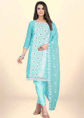 3 Pc Blue Semi Stitched Net Suit Set - Indian Silk House Agencies