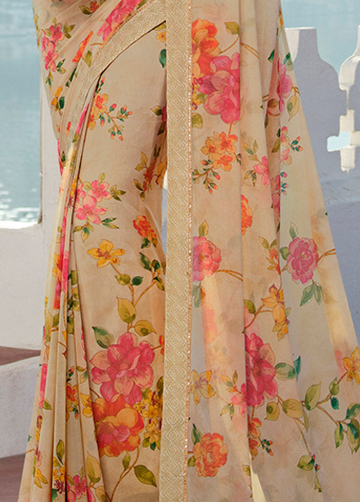 Cream Georgette Saree With Blouse Piece - Indian Silk House Agencies