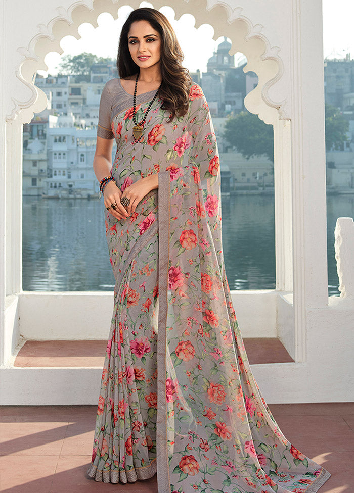 Grey Georgette Saree With Blouse Piece - Indian Silk House Agencies