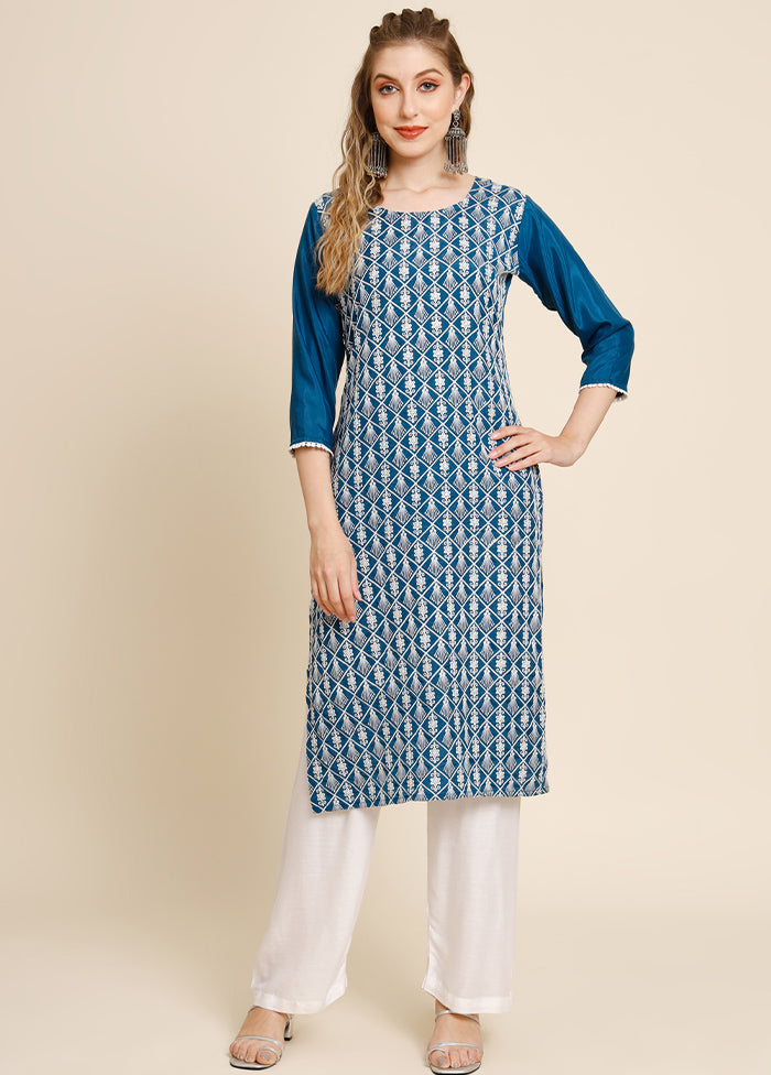 Teal Blue Readymade Georgette Long Kurti