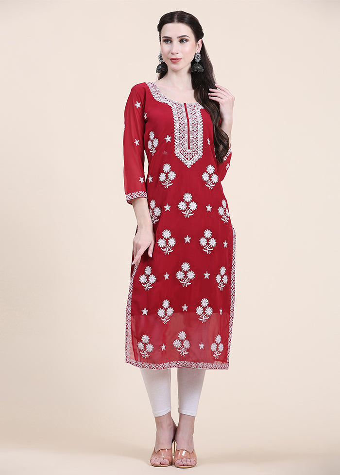 Red Readymade Cotton Long Kurti