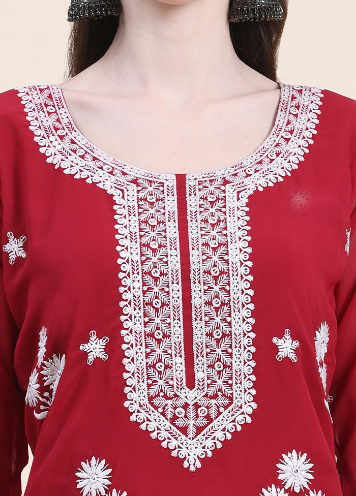 Red Readymade Cotton Long Kurti