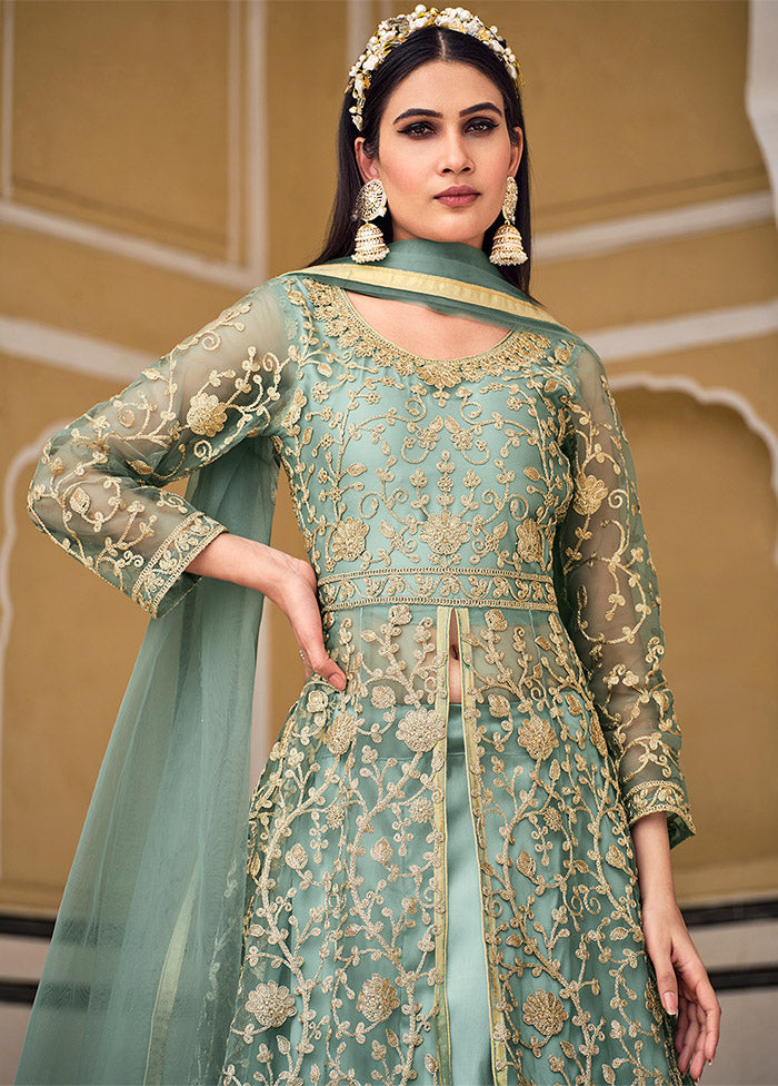 3 Pc Pista Green Semi Stitched Net Suit Set - Indian Silk House Agencies