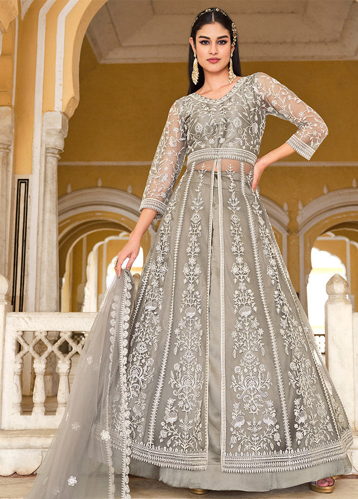 3 Pc Grey Semi Stitched Net Suit Set - Indian Silk House Agencies