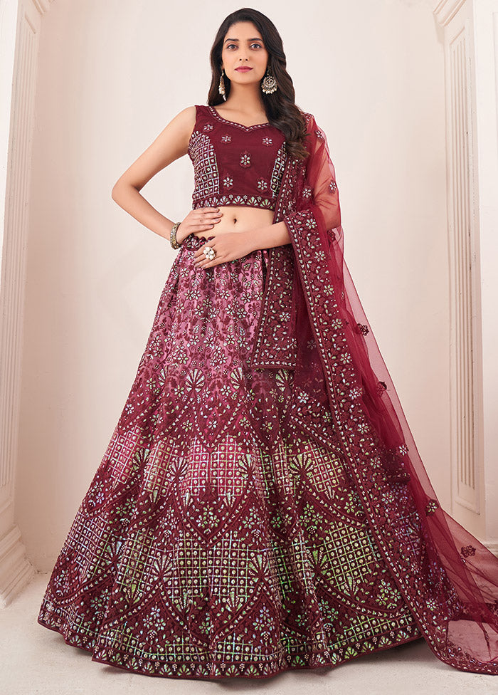 3 Pc Burgundy Semi Stitched Net Lehenga Set - Indian Silk House Agencies