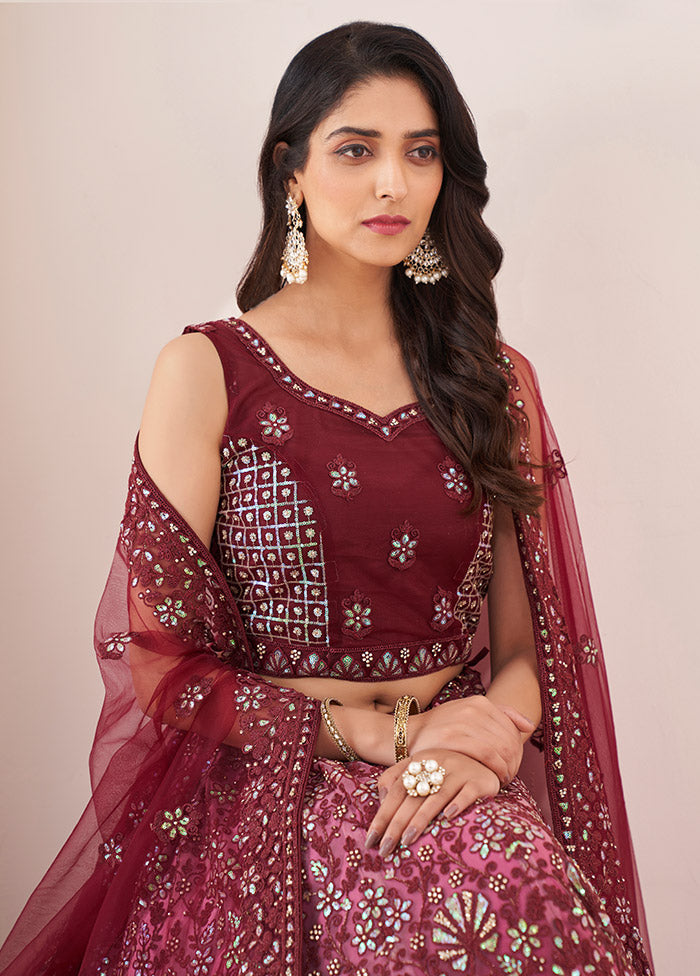 3 Pc Burgundy Semi Stitched Net Lehenga Set - Indian Silk House Agencies