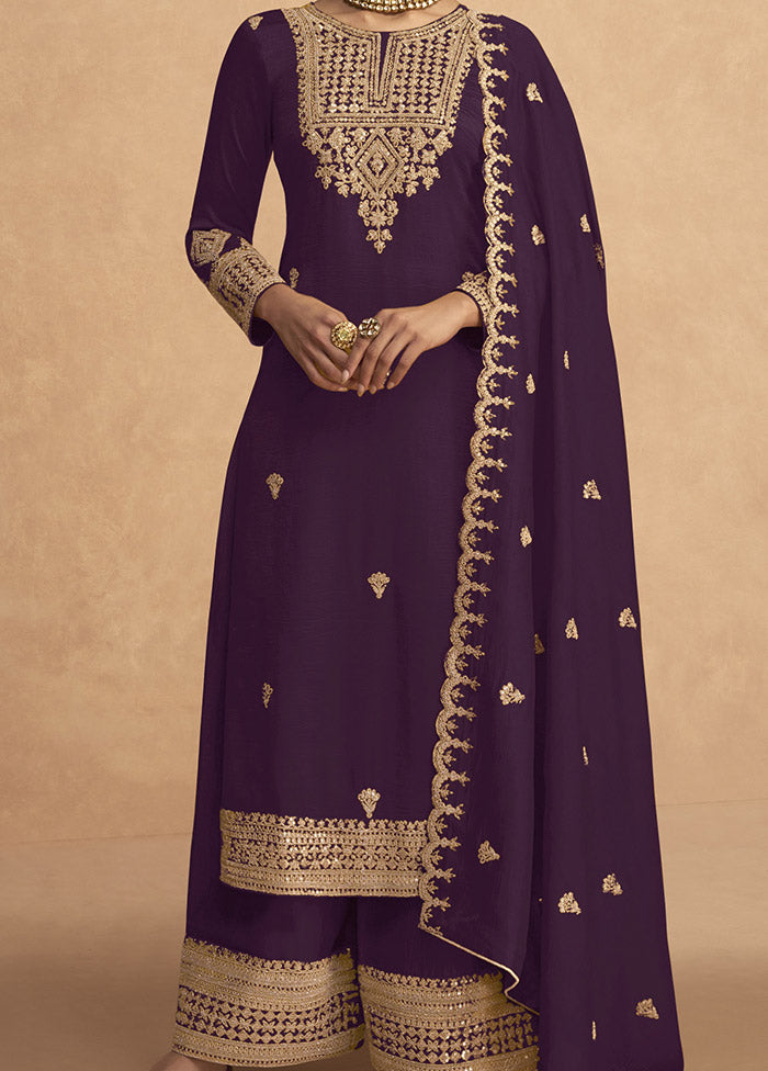 3 Pc Purple Semi Stitched Georgette Suit Set - Indian Silk House Agencies