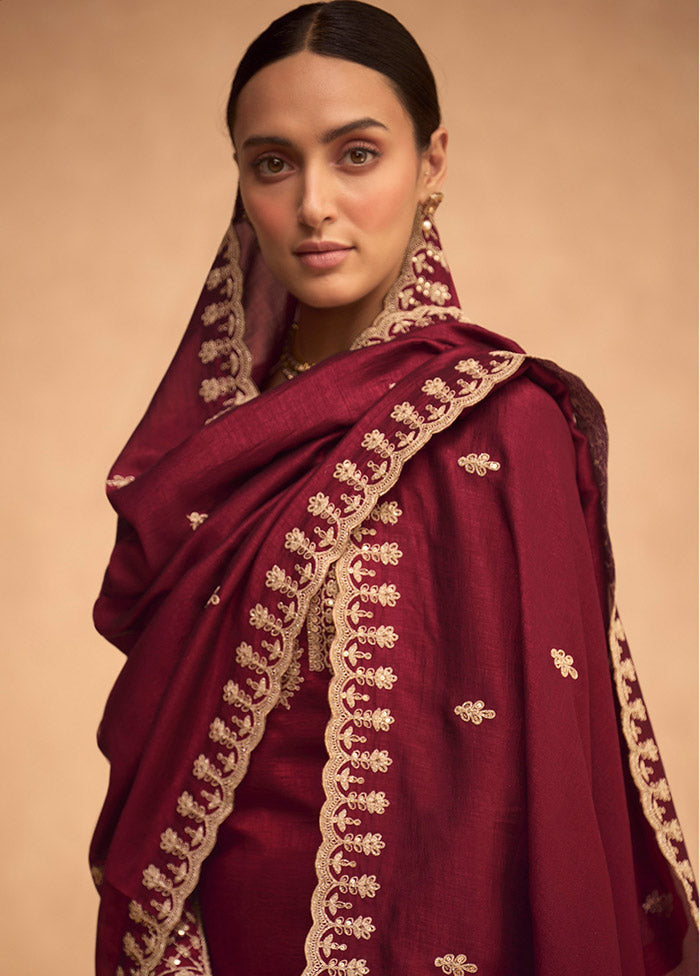 3 Pc Maroon Semi Stitched Georgette Suit Set - Indian Silk House Agencies