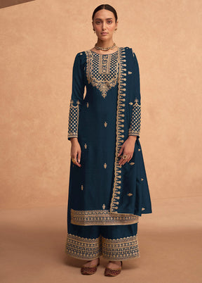 3 Pc Navy Blue Semi Stitched Georgette Suit Set - Indian Silk House Agencies