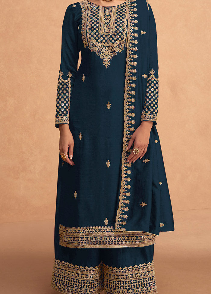 3 Pc Navy Blue Semi Stitched Georgette Suit Set - Indian Silk House Agencies