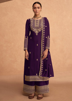 3 Pc Purple Semi Stitched Georgette Suit Set - Indian Silk House Agencies