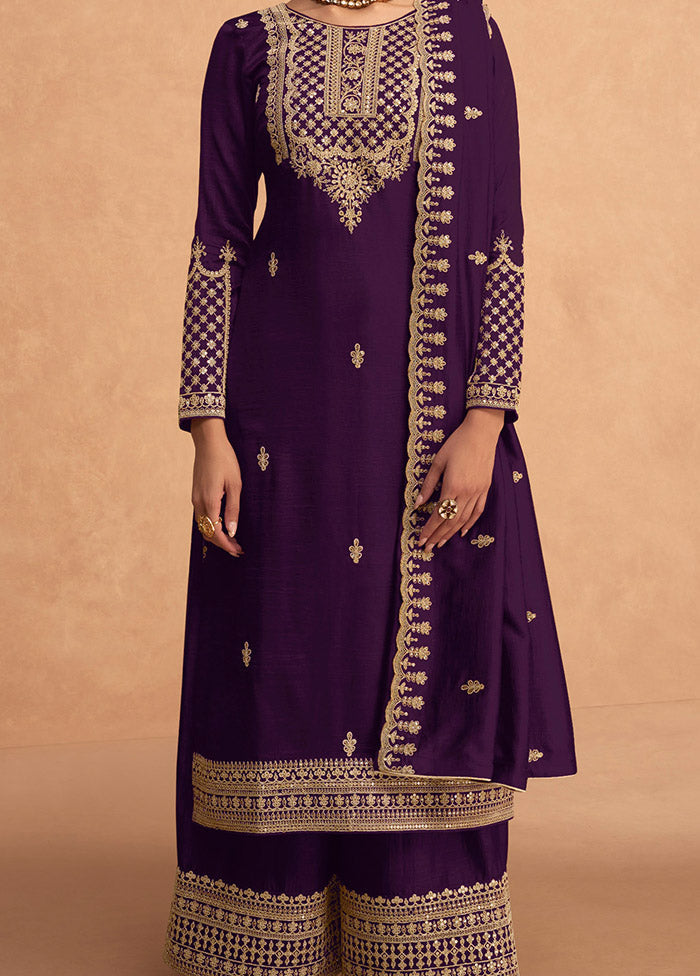 3 Pc Purple Semi Stitched Georgette Suit Set - Indian Silk House Agencies