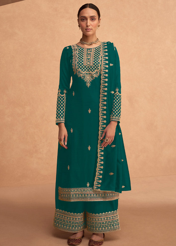 3 Pc Green Semi Stitched Georgette Suit Set - Indian Silk House Agencies